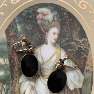 VINTAGE GOLD FILLED BLACK ONYX GEMSTONE DROP 1/20 12 KT SCREW BACK EARRINGS